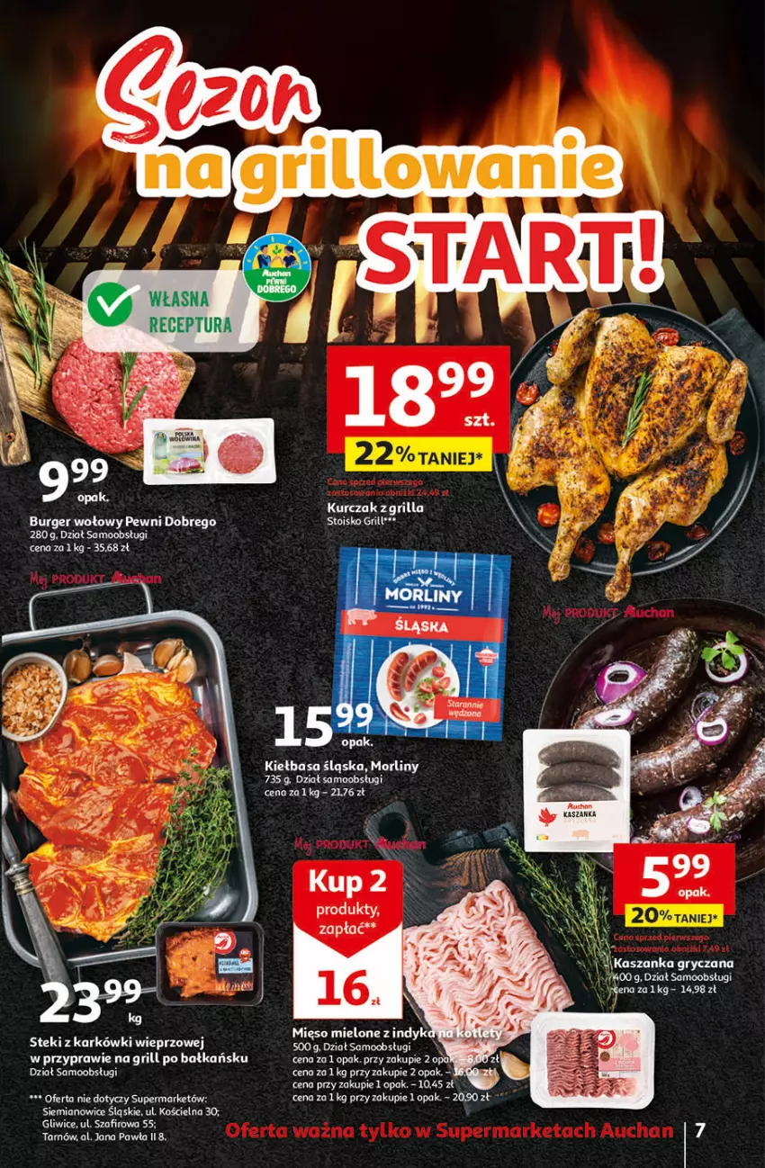 Gazetka promocyjna Auchan - Gazetka Oferty tygodnia! Supermarket Auchan - ważna 04.04 do 10.04.2024 - strona 7 - produkty: Grill, Gry, Kasza, Kaszanka, Kiełbasa, Kiełbasa śląska, Kurczak, Mięso, Mięso mielone, Morliny, Stek