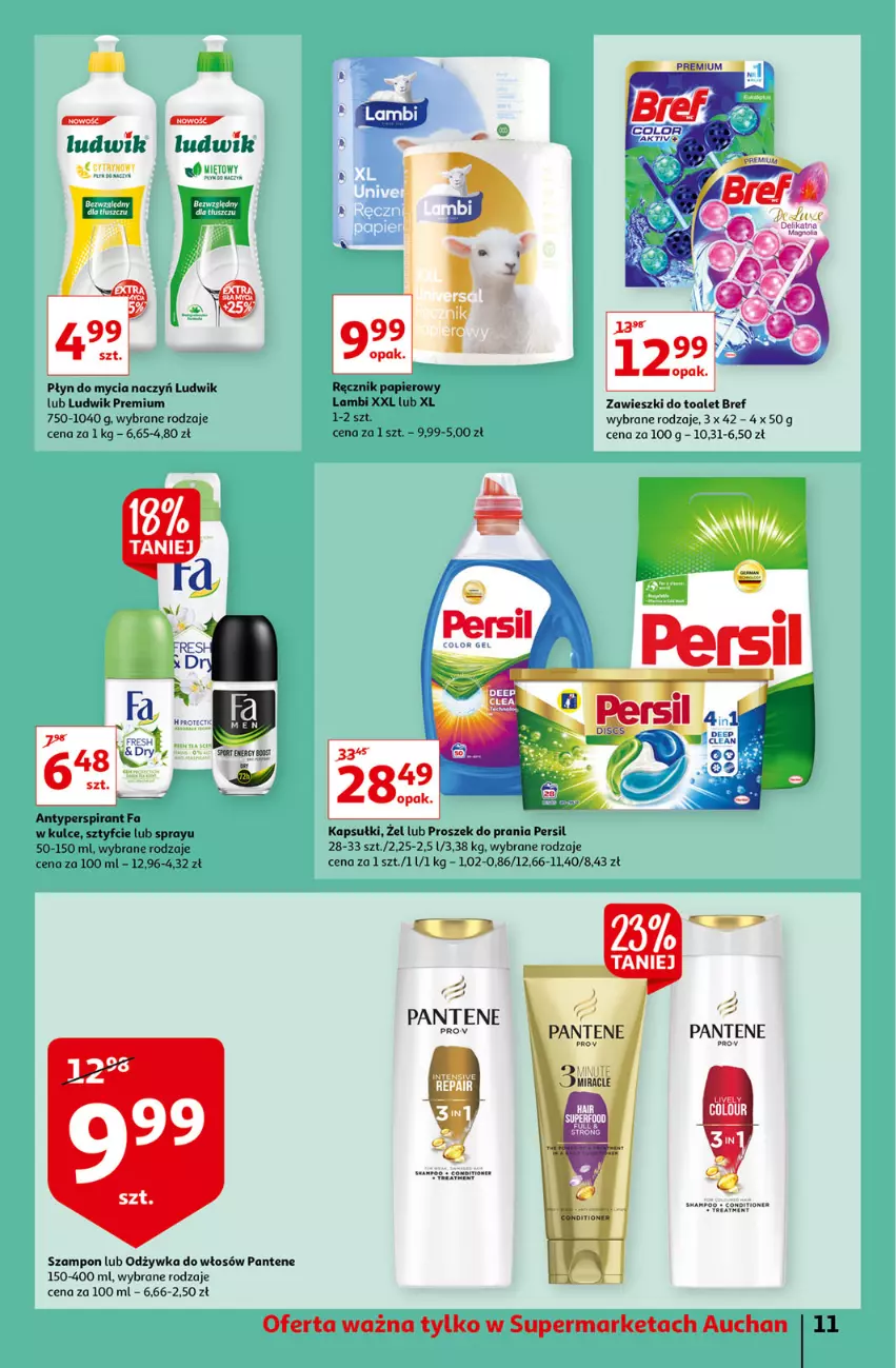 Gazetka promocyjna Auchan - Maxi Paki Niskie Ceny Supermarkety - ważna 13.01 do 19.01.2022 - strona 11 - produkty: Antyperspirant, Bref, Do mycia naczyń, Fa, Ludwik, Odżywka, Pantene, Papier, Persil, Płyn do mycia, Płyn do mycia naczyń, Por, Proszek do prania, Ręcznik, Sport, Szampon, Zawieszki