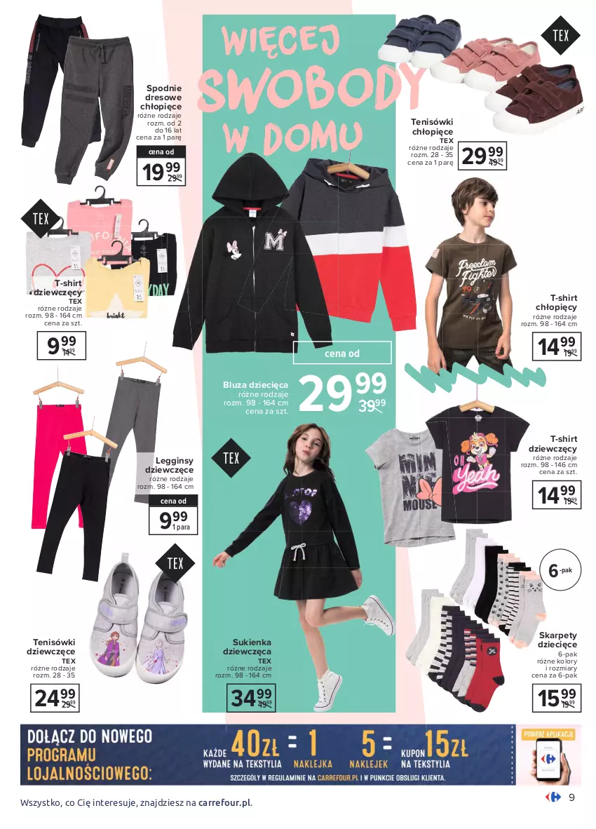 Gazetka promocyjna Carrefour - Gazetka Rodzina domowych kolekcji - ważna 01.02 do 13.02.2021 - strona 9 - produkty: Bluza, Body, Dres, Dzieci, Gin, Karp, Legginsy, Spodnie, Spodnie dresowe, Sukienka, T-shirt, Tenisówki