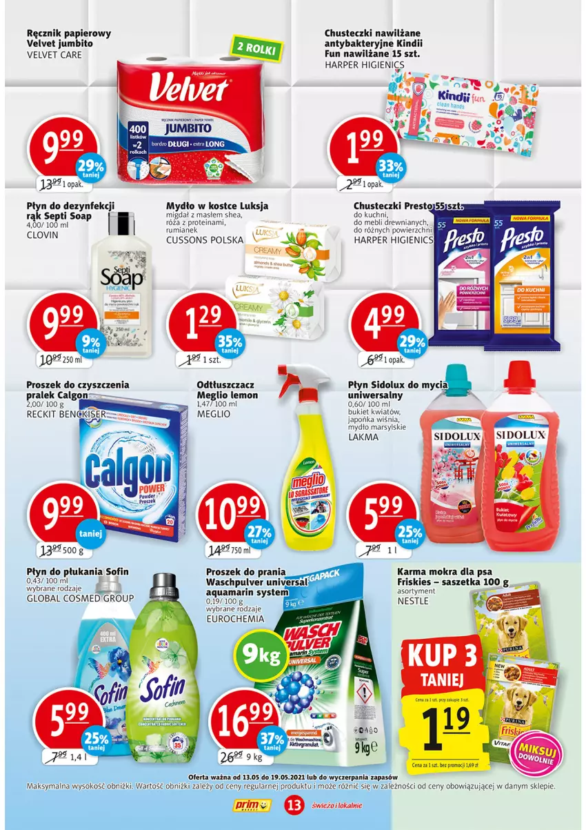 Gazetka promocyjna Prim Market - Gazetka - ważna 13.05 do 19.05.2021 - strona 13 - produkty: Bukiet, Calgon, Chusteczki, Friskies, Kindii, LG, Lovi, Luksja, Mars, Mydło, Odtłuszczacz, Papier, Płyn do płukania, Ręcznik, Róża, Rum, Ser, Sidolux, Sok, Velvet