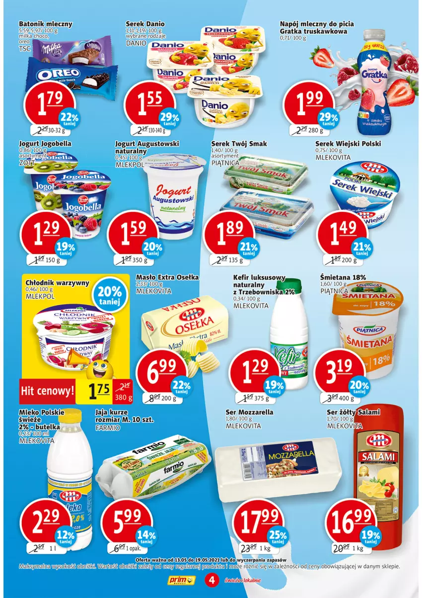 Gazetka promocyjna Prim Market - Gazetka - ważna 13.05 do 19.05.2021 - strona 4 - produkty: Baton, Bell, Bella, Danio, Fa, Gra, Jaja, Jogobella, Jogurt, Kefir, Masło, Milka, Mleko, Mlekovita, Mozzarella, Napój, Napój mleczny, Ser, Serek, Serek wiejski, Sok, Tonik, Twój Smak, Vita C