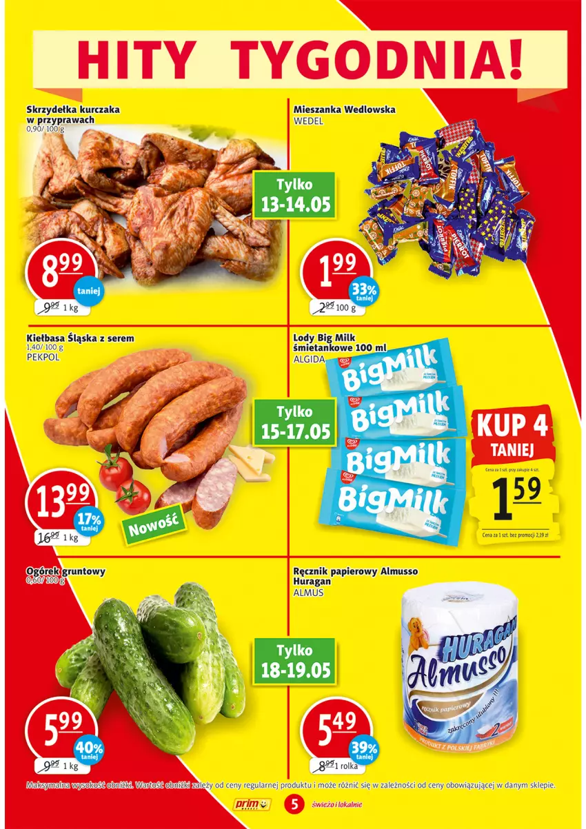 Gazetka promocyjna Prim Market - Gazetka - ważna 13.05 do 19.05.2021 - strona 5 - produkty: Algida, Big Milk, Grunt, Kiełbasa, Kiełbasa śląska, Kurczak, LG, Lody, Mieszanka wedlowska, Mus, Ogórek, Papier, Pekpol, Ręcznik, Ser, Sok