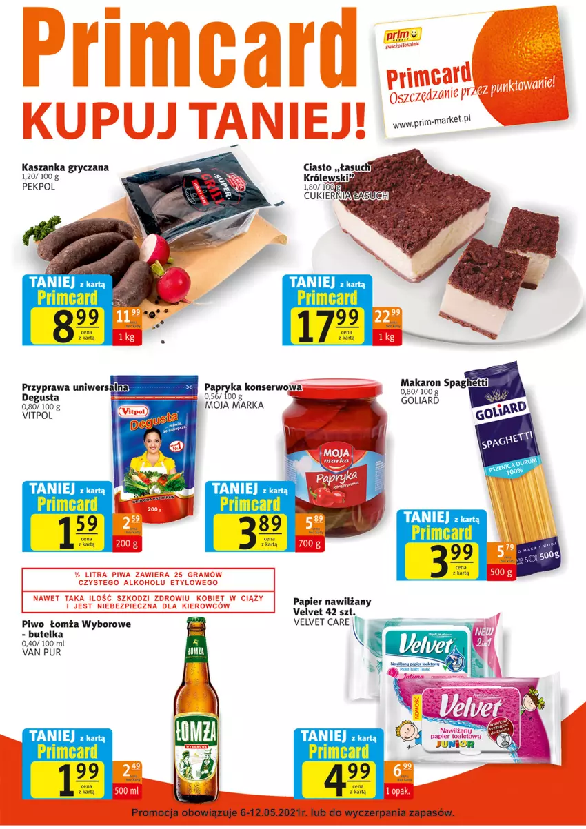 Gazetka promocyjna Prim Market - Gazetka - ważna 13.05 do 19.05.2021 - strona 7 - produkty: Goliard, Gry, Kasza, Kaszanka, Papier, Papryka, Pekpol, Piwo, Przyprawa uniwersalna, Pur, Ser, Spaghetti, Velvet