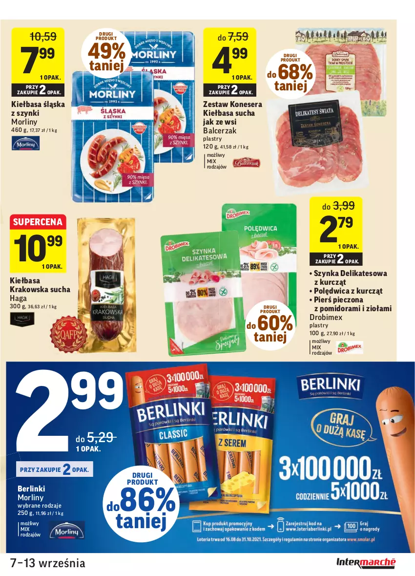 Gazetka promocyjna Intermarche - Gazetka promocyjna - ważna 07.09 do 13.09.2021 - strona 17 - produkty: Berlinki, Drobimex, Kiełbasa, Kiełbasa krakowska, Kiełbasa śląska, Morliny, Piec, Polędwica, Ser, Szynka, Szynka delikatesowa