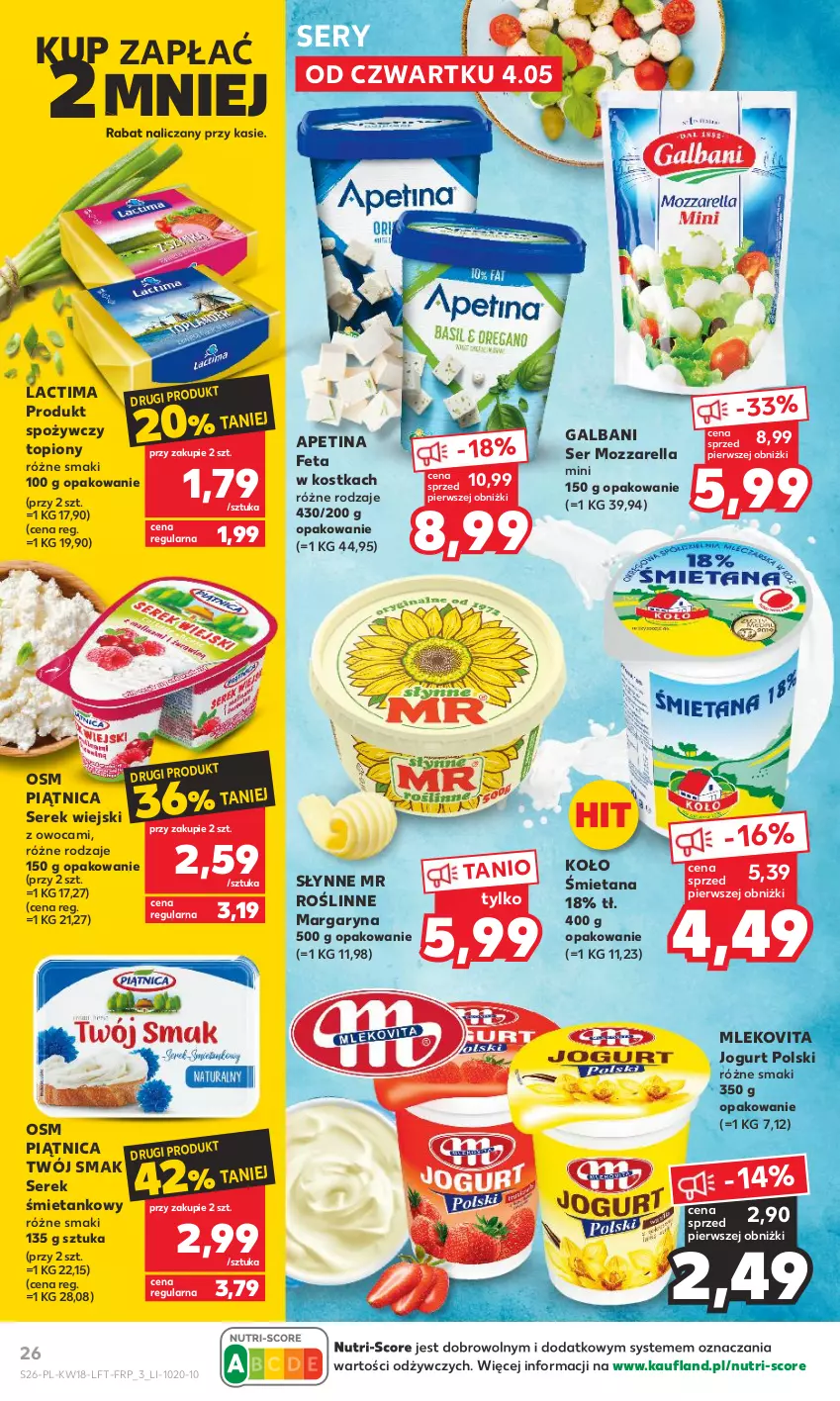 Gazetka promocyjna Kaufland - Gazetka tygodnia - ważna 04.05 do 10.05.2023 - strona 26 - produkty: Feta, Galbani, Jogurt, Margaryna, Mleko, Mlekovita, Mozzarella, Piątnica, Ser, Serek, Serek wiejski, Słynne, Słynne MR Roślinne, Top, Twój Smak