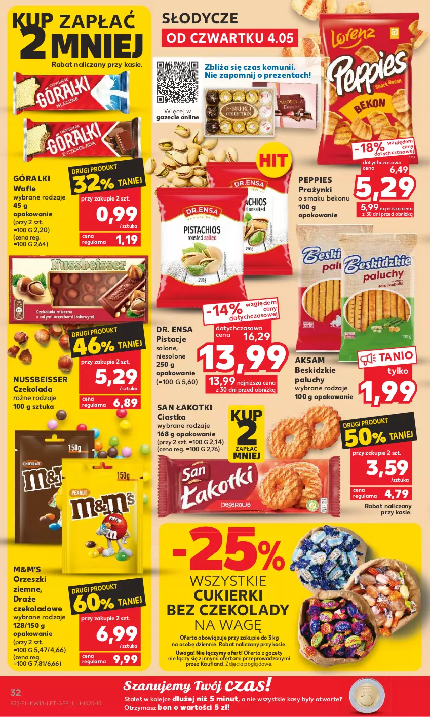 Gazetka promocyjna Kaufland - Gazetka tygodnia - ważna 04.05 do 10.05.2023 - strona 32 - produkty: Aksam, Beko, Beskidzki, Ciastka, Cukier, Cukierki, Czekolada, Góralki, Olej, Orzeszki, Orzeszki ziemne, Pistacje, Ser, Wafle, Waga