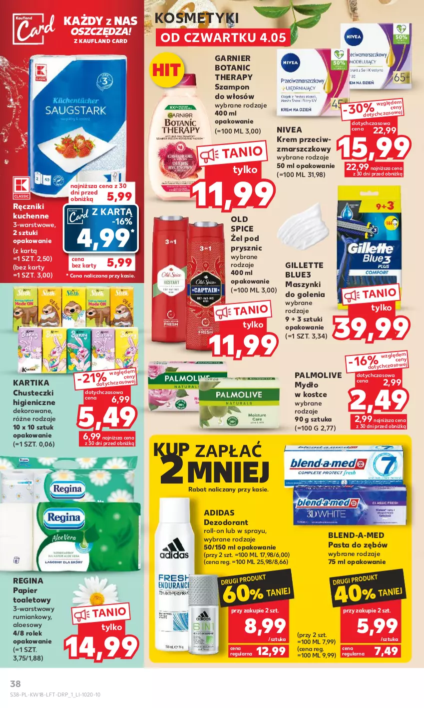 Gazetka promocyjna Kaufland - Gazetka tygodnia - ważna 04.05 do 10.05.2023 - strona 38 - produkty: Adidas, Blend-a-Med, Chusteczki, Dezodorant, Garnier, Gillette, Gin, Krem przeciwzmarszczkowy, Mars, Mydło, Nivea, Old Spice, Palmolive, Papier, Papier toaletowy, Pasta do zębów, Ręcznik, Rum, Szampon