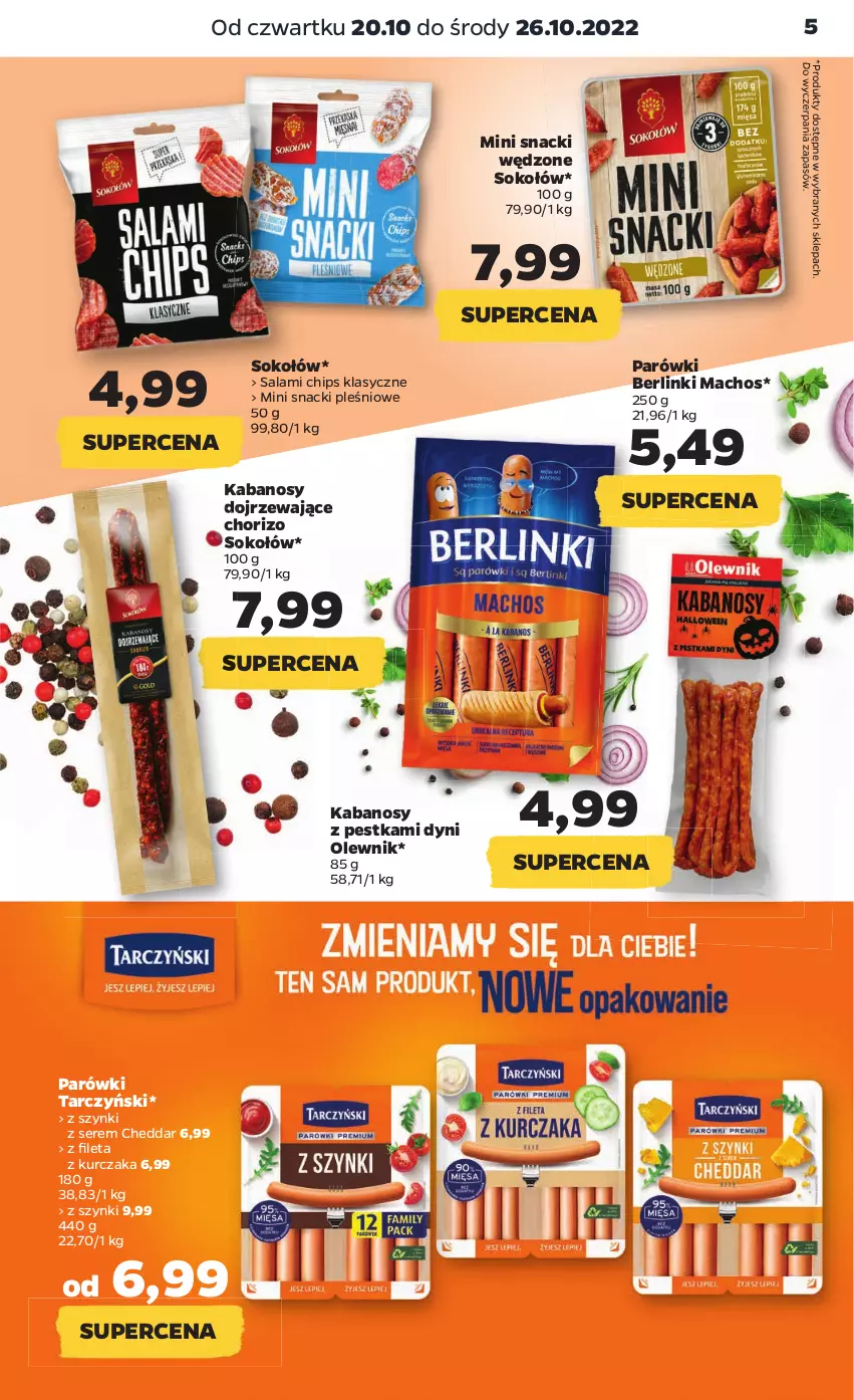 Gazetka promocyjna Netto - Artykuły spożywcze - ważna 20.10 do 26.10.2022 - strona 5 - produkty: Berlinki, Cheddar, Kabanos, Kurczak, Olewnik, Parówki, Salami, Ser, Sok, Sokołów, Tarczyński