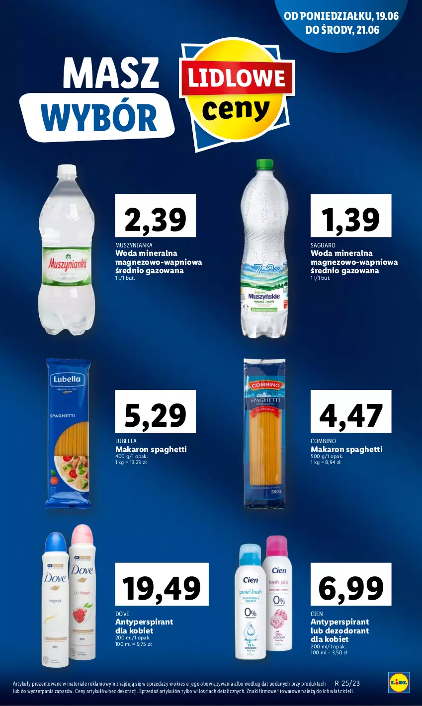 Gazetka promocyjna Lidl - GAZETKA - ważna 19.06 do 21.06.2023 - strona 15 - produkty: Antyperspirant, Bell, Bella, Dezodorant, Dove, Lubella, Magnez, Makaron, Mus, Muszynianka, Spaghetti, Woda, Woda mineralna