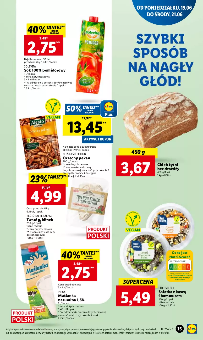 Gazetka promocyjna Lidl - GAZETKA - ważna 19.06 do 21.06.2023 - strona 23 - produkty: Chleb, Hummus, Maślanka, Mus, Pilos, Sałat, Sałatka, Sok, Twaróg, Wazon