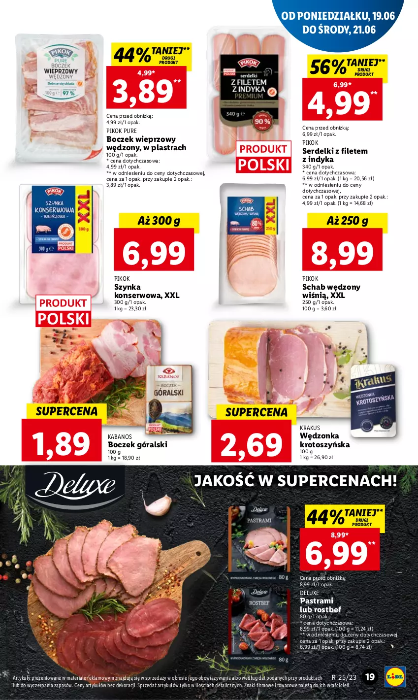 Gazetka promocyjna Lidl - GAZETKA - ważna 19.06 do 21.06.2023 - strona 27 - produkty: Boczek, Boczek wieprzowy, Kabanos, Krakus, PIKOK, Pur, Rostbef, Ser, Serdelki, Szynka, Szynka konserwowa