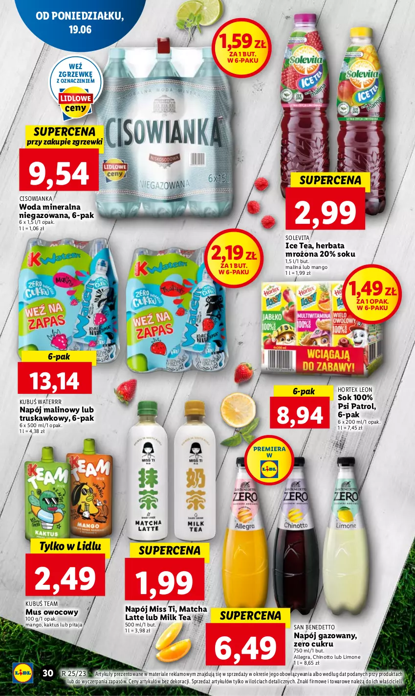 Gazetka promocyjna Lidl - GAZETKA - ważna 19.06 do 21.06.2023 - strona 38 - produkty: Cisowianka, Gra, Herbata, Hortex, Ice tea, Kaktus, Kubuś, Kubuś Waterrr, Leon, Mango, Mus, Napój, Napój gazowany, Psi Patrol, Sok, Woda, Woda mineralna