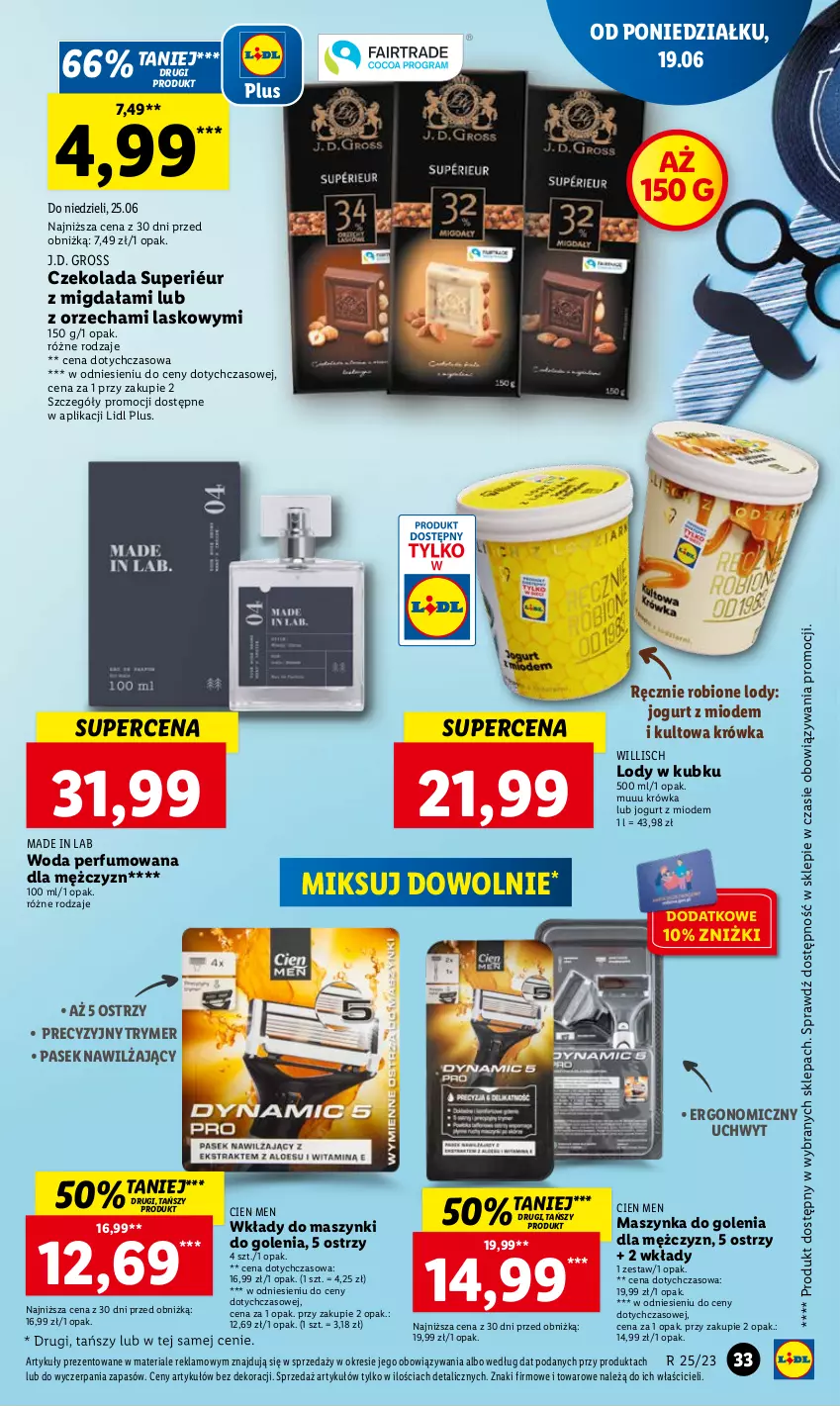 Gazetka promocyjna Lidl - GAZETKA - ważna 19.06 do 21.06.2023 - strona 43 - produkty: Czekolada, Jogurt, Lody, Maszynka, Maszynka do golenia, Pasek, Perfum, Szynka, Woda, Woda perfumowana