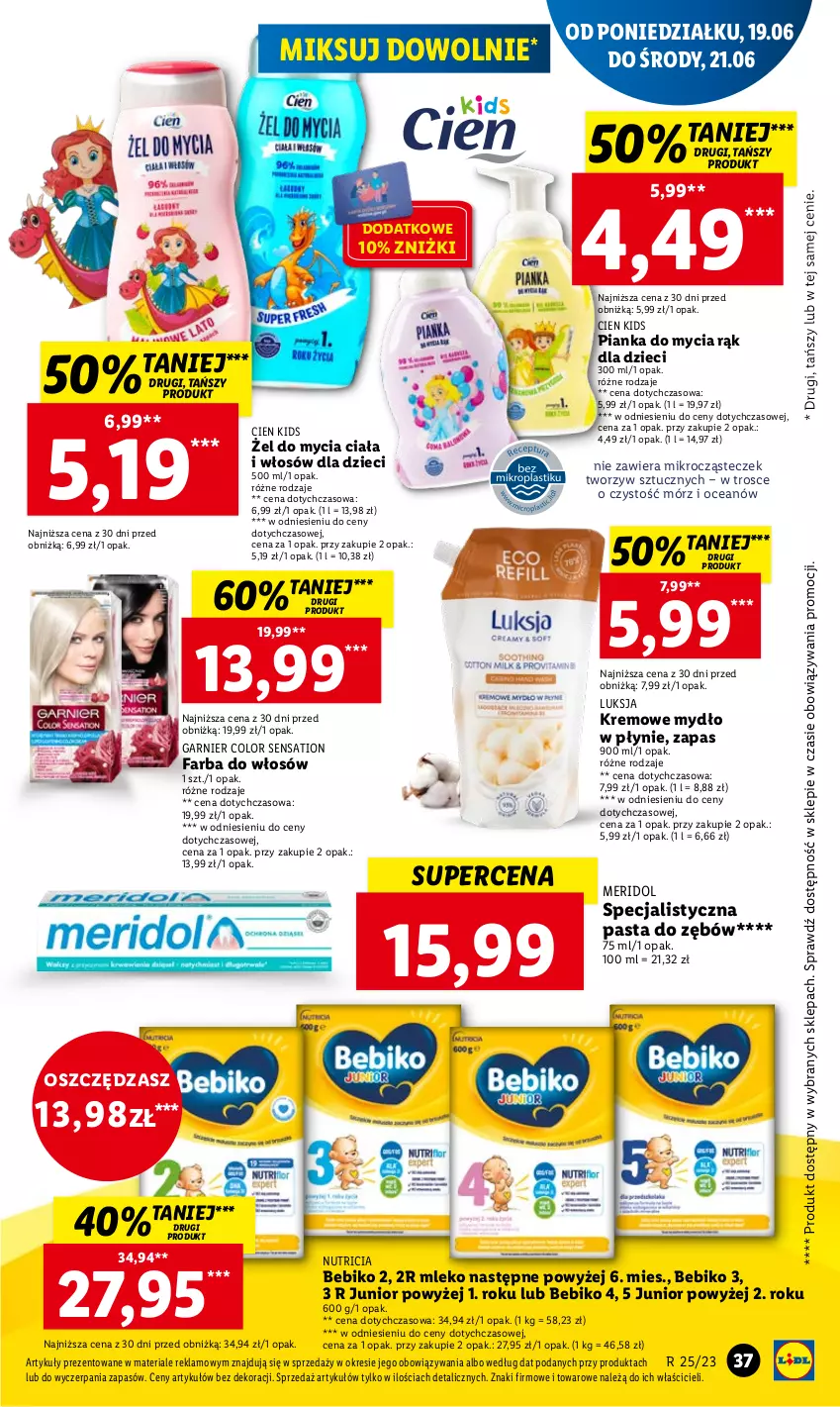 Gazetka promocyjna Lidl - GAZETKA - ważna 19.06 do 21.06.2023 - strona 47 - produkty: Bebiko, Dzieci, Fa, Farba do włosów, Garnier, Luksja, Mleko, Mydło, Mydło w płynie, O nas, Pasta do zębów, Sati