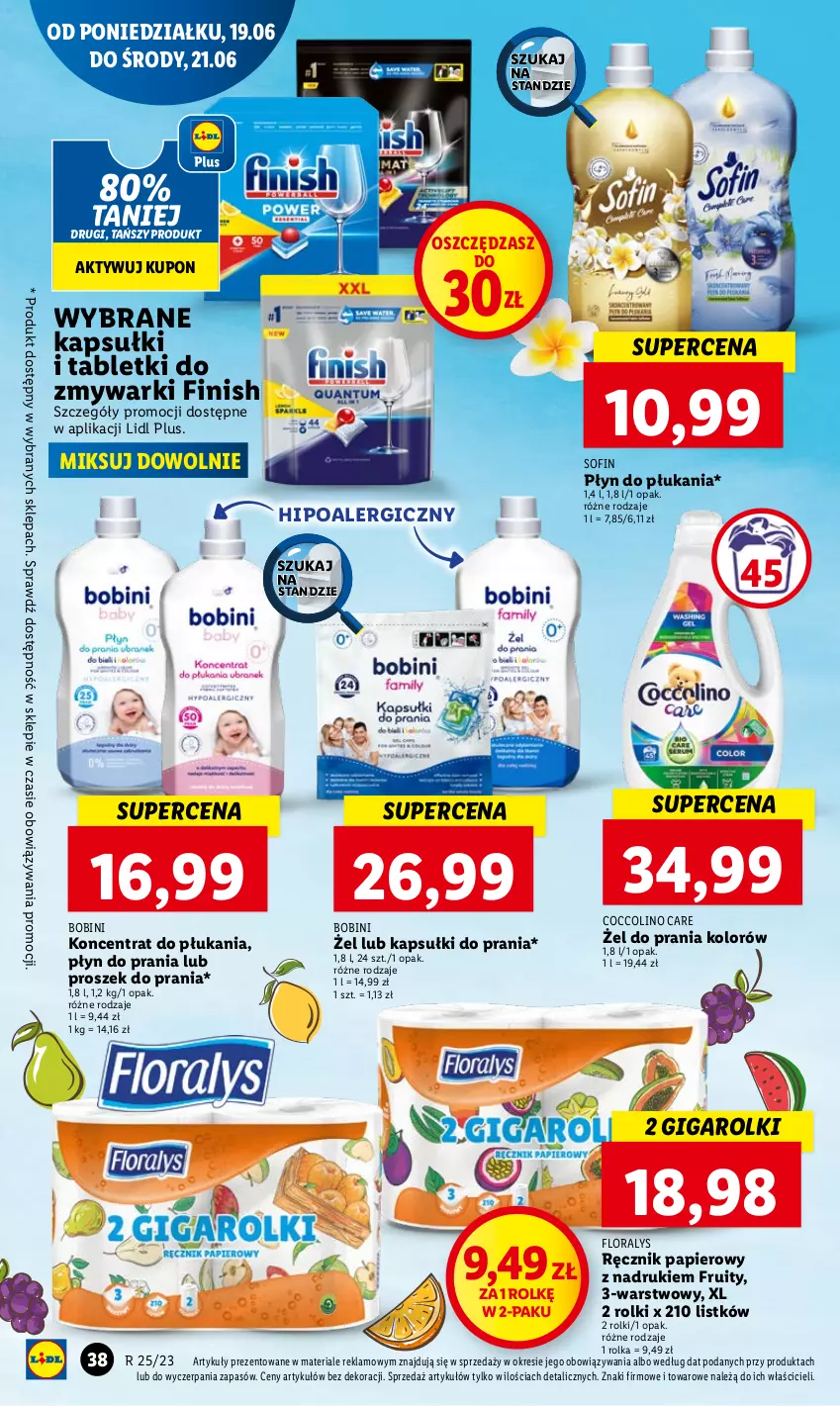 Gazetka promocyjna Lidl - GAZETKA - ważna 19.06 do 21.06.2023 - strona 48 - produkty: Coccolino, Finish, Flora, Kapsułki do prania, Papier, Płyn do płukania, Płyn do prania, Proszek do prania, Ręcznik, Rolki, Tablet, Tabletki do zmywarki, Zmywarki