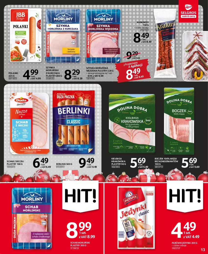 Gazetka promocyjna Selgros - Oferta spożywcza - ważna 01.12 do 14.12.2022 - strona 13 - produkty: Berlinki, Boczek, Kabanos, Kiełbasa, Kiełbasa krakowska, Kurczak, Lanki, Parówki, Ser, Szynka