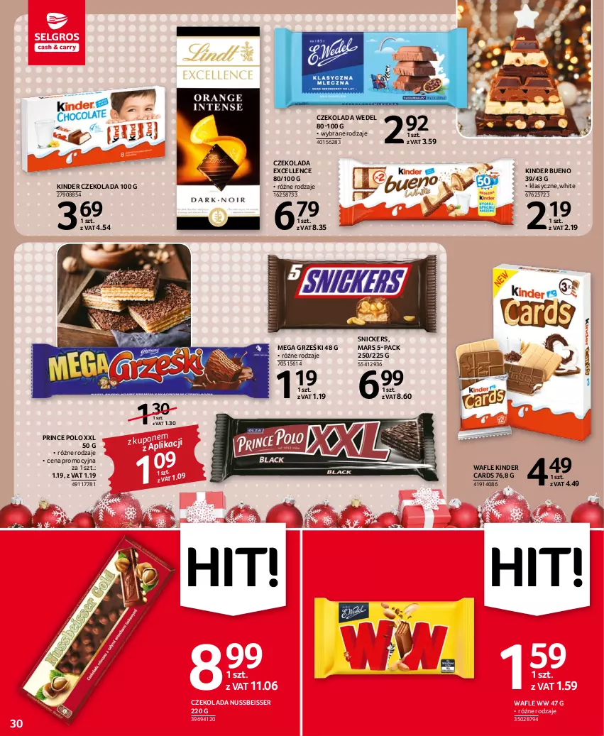 Gazetka promocyjna Selgros - Oferta spożywcza - ważna 01.12 do 14.12.2022 - strona 30 - produkty: Czekolada, Grześki, Kinder, Kinder Bueno, Mars, Prince Polo, Ser, Snickers, Wafle