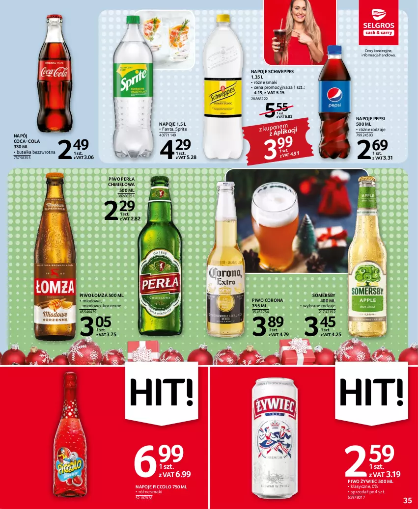 Gazetka promocyjna Selgros - Oferta spożywcza - ważna 01.12 do 14.12.2022 - strona 35 - produkty: Coca-Cola, Fa, Fanta, Napój, Napoje, Pepsi, Perła, Piwo, Schweppes, Somersby, Sprite