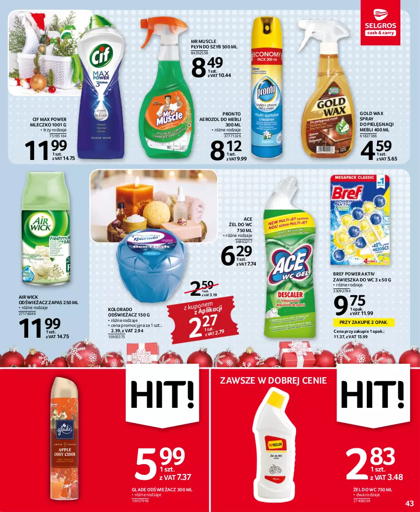 Gazetka promocyjna Selgros - Oferta spożywcza - ważna 01.12 do 14.12.2022 - strona 43 - produkty: Air Wick, Bref, Cif, Kolorado, Mleczko, Mus, Płyn do szyb, Pronto, Zawieszka do wc