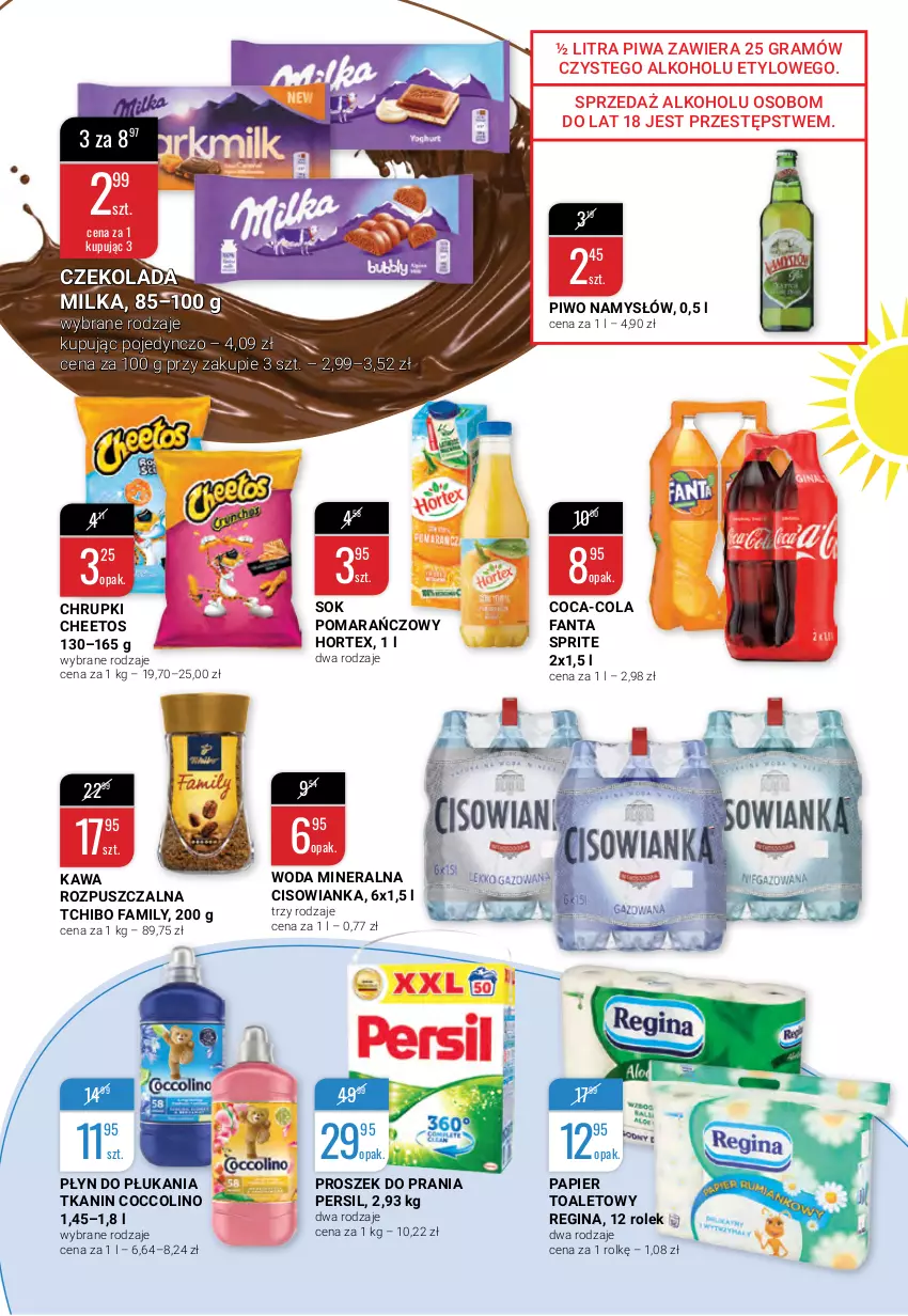 Gazetka promocyjna Bi1 - Słoneczna Ofertomania - ważna 25.08 do 31.08.2021 - strona 5 - produkty: Cheetos, Chrupki, Cisowianka, Coca-Cola, Coccolino, Czekolada, Fa, Fanta, Gin, Gra, Hortex, Kawa, Kawa rozpuszczalna, Milka, Namysłów, Papier, Papier toaletowy, Persil, Piwa, Piwo, Płyn do płukania, Proszek do prania, Sok, Sok pomarańczowy, Sprite, Tchibo, Tchibo Family, Woda, Woda mineralna