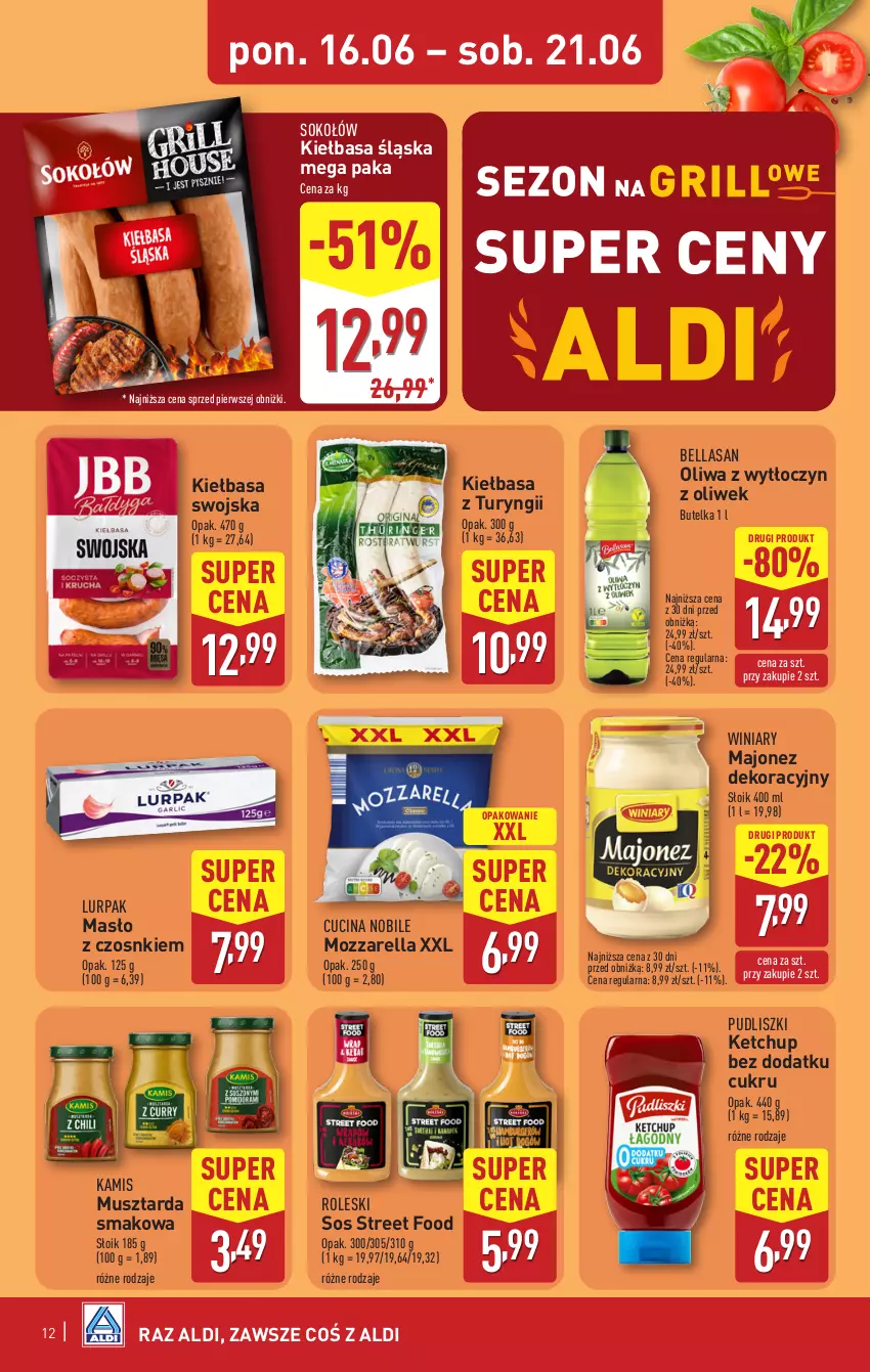 Gazetka promocyjna Aldi - Pełna oferta - ważna 16.06 do 21.06.2025 - strona 12 - produkty: Bell, Bella, Kamis, Ketchup, Kiełbasa, Kiełbasa śląska, Lurpak, Majonez, Masło, Mozzarella, Mus, Musztarda, Pudliszki, Sok, Sokołów, Sos, Winiary