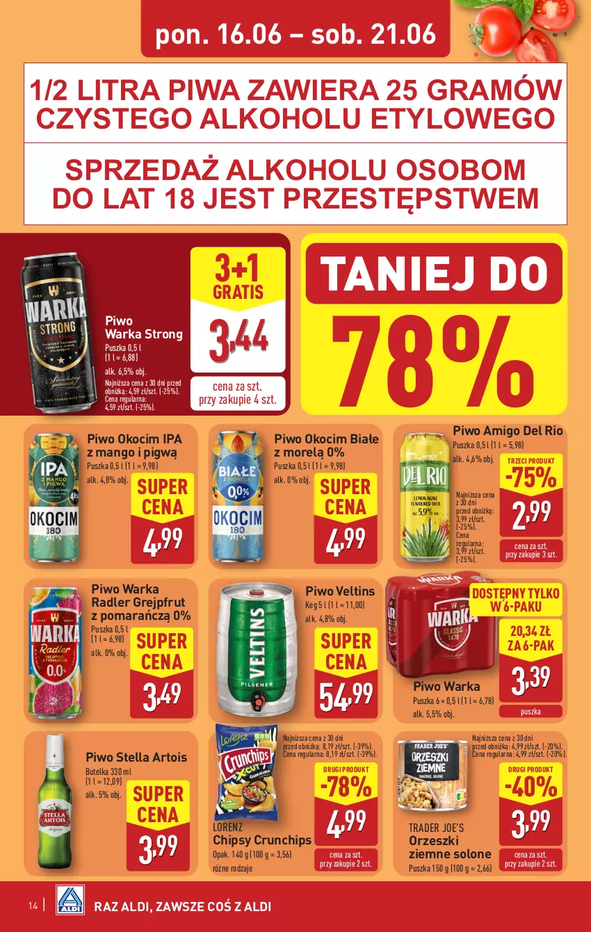 Gazetka promocyjna Aldi - Pełna oferta - ważna 16.06 do 21.06.2025 - strona 14 - produkty: Chipsy, Crunchips, Gra, Grejpfrut, Koc, Lorenz, Mango, Okocim, Orzeszki, Orzeszki ziemne, Piwa, Piwo, Radler, Warka
