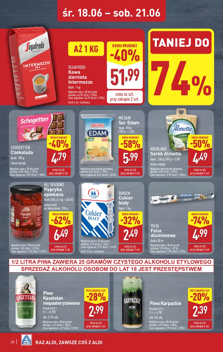 Gazetka promocyjna Aldi - Pełna oferta - ważna 16.06 do 21.06.2025 - strona 28 - produkty: All Seasons, Almette, Cukier, Czekolada, Edam, Folia aluminiowa, Gra, Hochland, Karp, Kasztelan, Kawa, Kawa ziarnista, Papryka, Piwa, Piwo, Schogetten, Segafredo, Ser, Serek