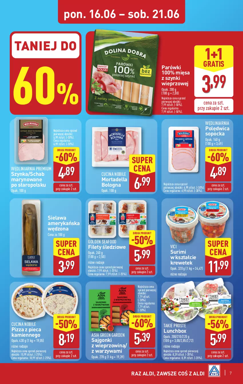 Gazetka promocyjna Aldi - Pełna oferta - ważna 16.06 do 21.06.2025 - strona 7 - produkty: Dell, Golden Seafood, Gra, Mortadella, Parówki, Piec, Pizza, Pizza z pieca kamiennego, Polędwica, Sajgonki, Surimi, Szynka, Warzywa