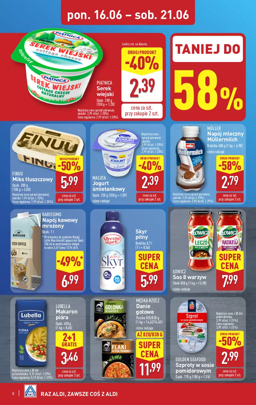 Gazetka promocyjna Aldi - Pełna oferta - ważna 16.06 do 21.06.2025 - strona 8 - produkty: Bell, Bella, Cappuccino, Chia, Danie gotowe, Finuu, Golden Seafood, Gra, Jogurt, Lubella, Makaron, Miks tłuszczowy, Müller, Müllermilch, Napój, Napój mleczny, Piątnica, Ser, Serek, Serek wiejski, Sos, Szprot