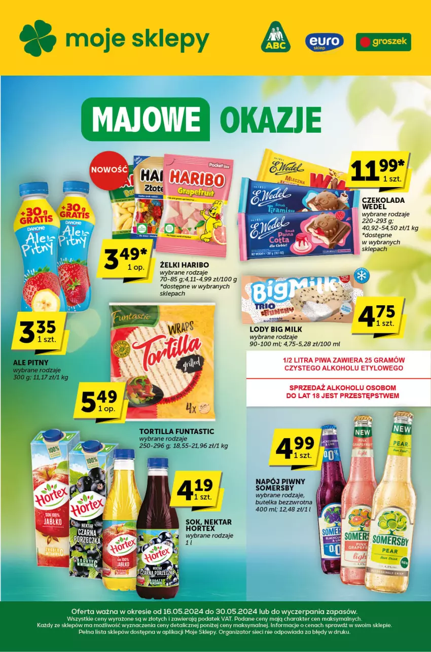 Gazetka promocyjna ABC - ważna 16.05 do 30.05.2024 - strona 1 - produkty: Big Milk, Czekolada, Gra, Haribo, Hortex, Lody, Napój, Nektar, Piwa, Sok, Somersby, Tortilla