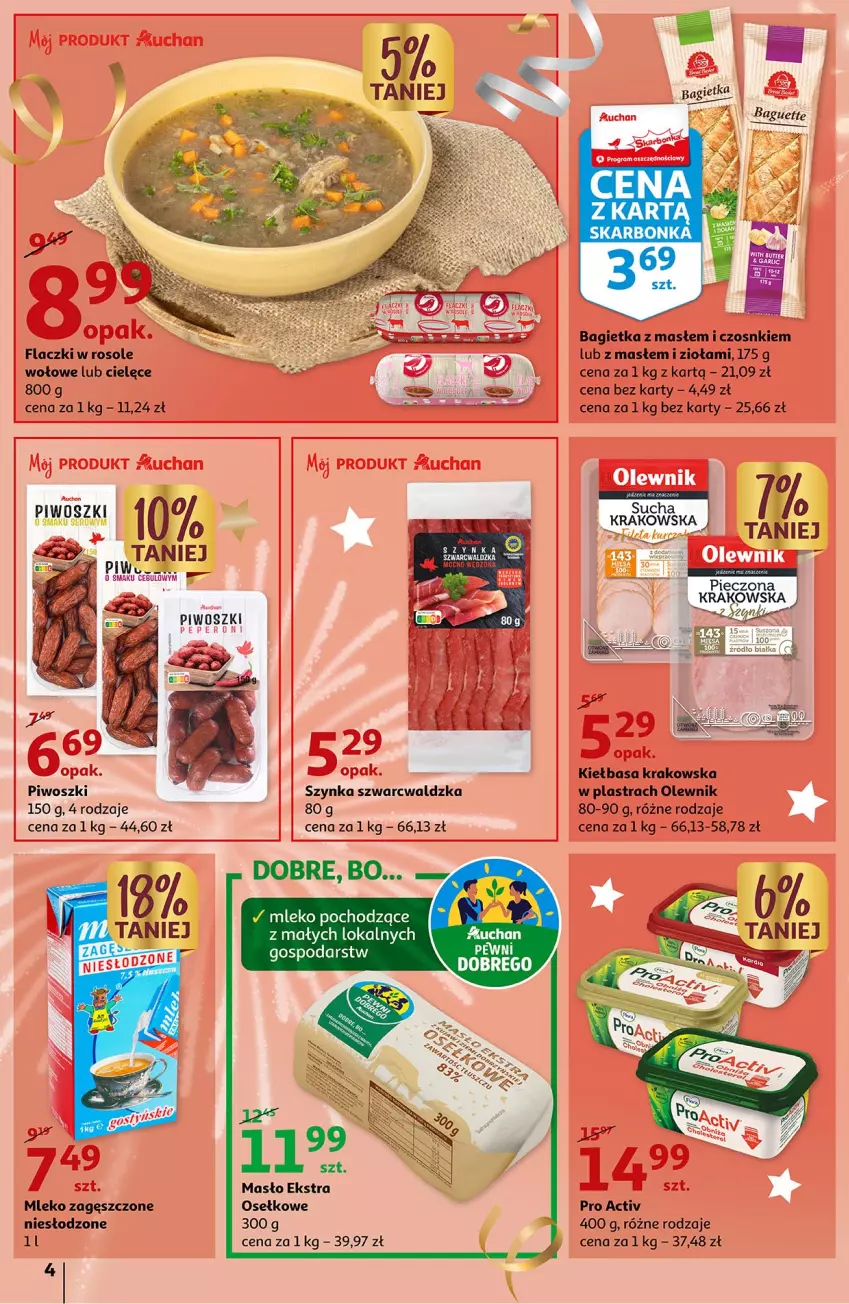 Gazetka promocyjna Auchan - Moc Okazji na Nowy Rok Hipermarkety - ważna 27.12 do 31.12.2022 - strona 4 - produkty: Bagietka, Kiełbasa, Kiełbasa krakowska, Masło, Mleko, Mleko zagęszczone, Olewnik, Piec, Piwo, Szynka