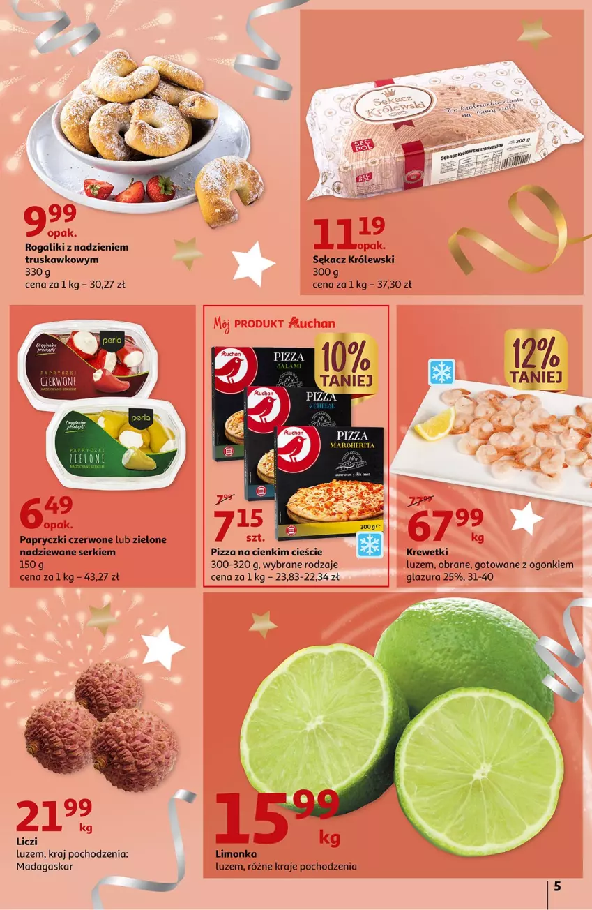 Gazetka promocyjna Auchan - Moc Okazji na Nowy Rok Hipermarkety - ważna 27.12 do 31.12.2022 - strona 5 - produkty: Glazura, Krewetki, Królewski, Lazur, Liczi, Limonka, Pizza, Pizza margherita, Rogal, Sękacz, Ser