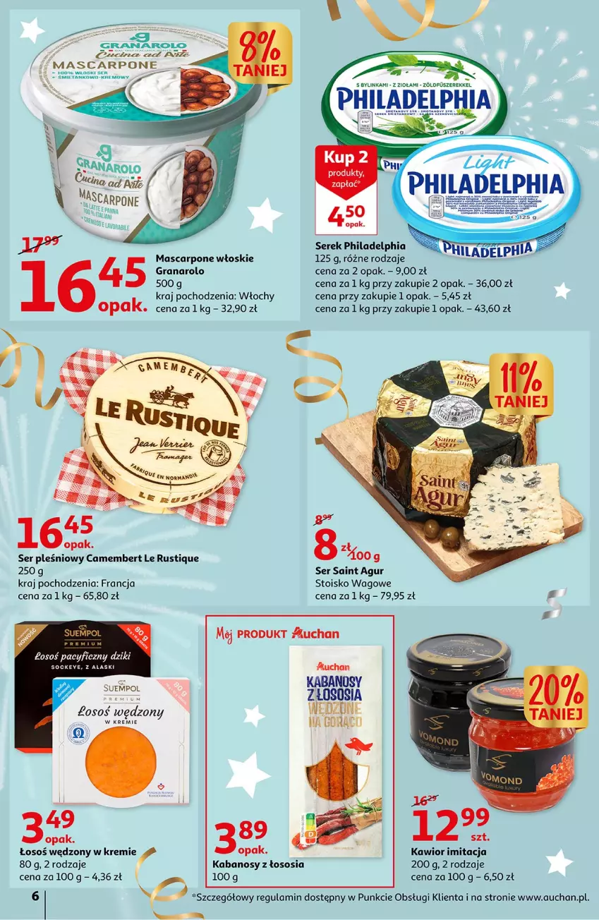 Gazetka promocyjna Auchan - Moc Okazji na Nowy Rok Hipermarkety - ważna 27.12 do 31.12.2022 - strona 6 - produkty: Camembert, Gra, Inka, Kabanos, Kawior, Mascarpone, Philadelphia, Rust, Ser, Ser pleśniowy, Serek, Sos