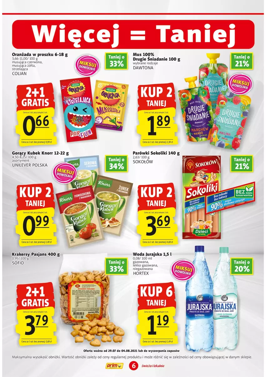 Gazetka promocyjna Prim Market - Gazetka - ważna 29.07 do 04.08.2021 - strona 6 - produkty: Dawtona, Hortex, Knorr, Krakersy, Kubek, Mus, Oranżada, Parówki, Parówki sokoliki, Ser, Sok, Sokołów, Woda