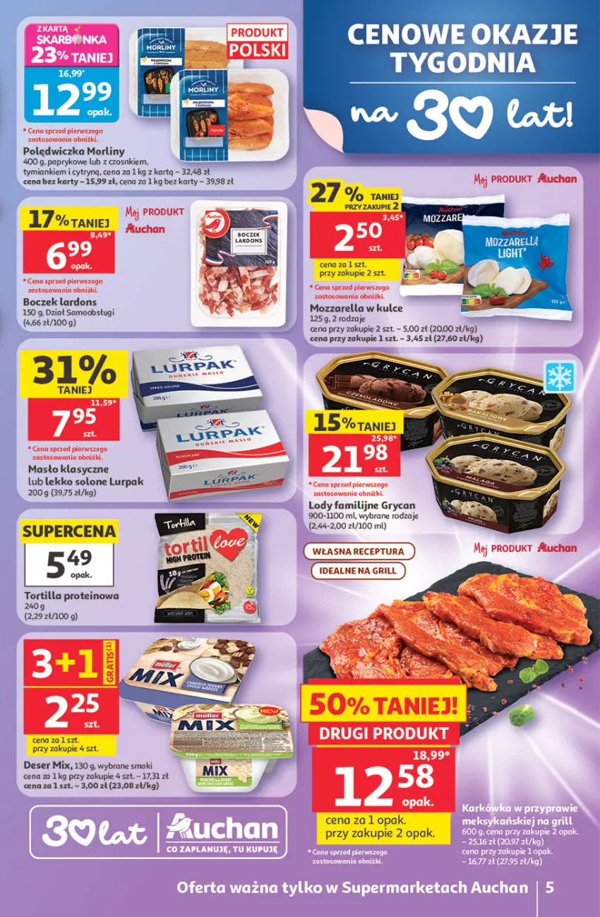 Gazetka promocyjna Auchan - Gazetka 30 Lat Supermarket Auchan - ważna 14.05 do 20.05.2026 - strona 5 - produkty: Boczek, Deser, Fa, Gry, Lody, Lurpak, Masło, Morliny, Mozzarella, Ser, Tortilla