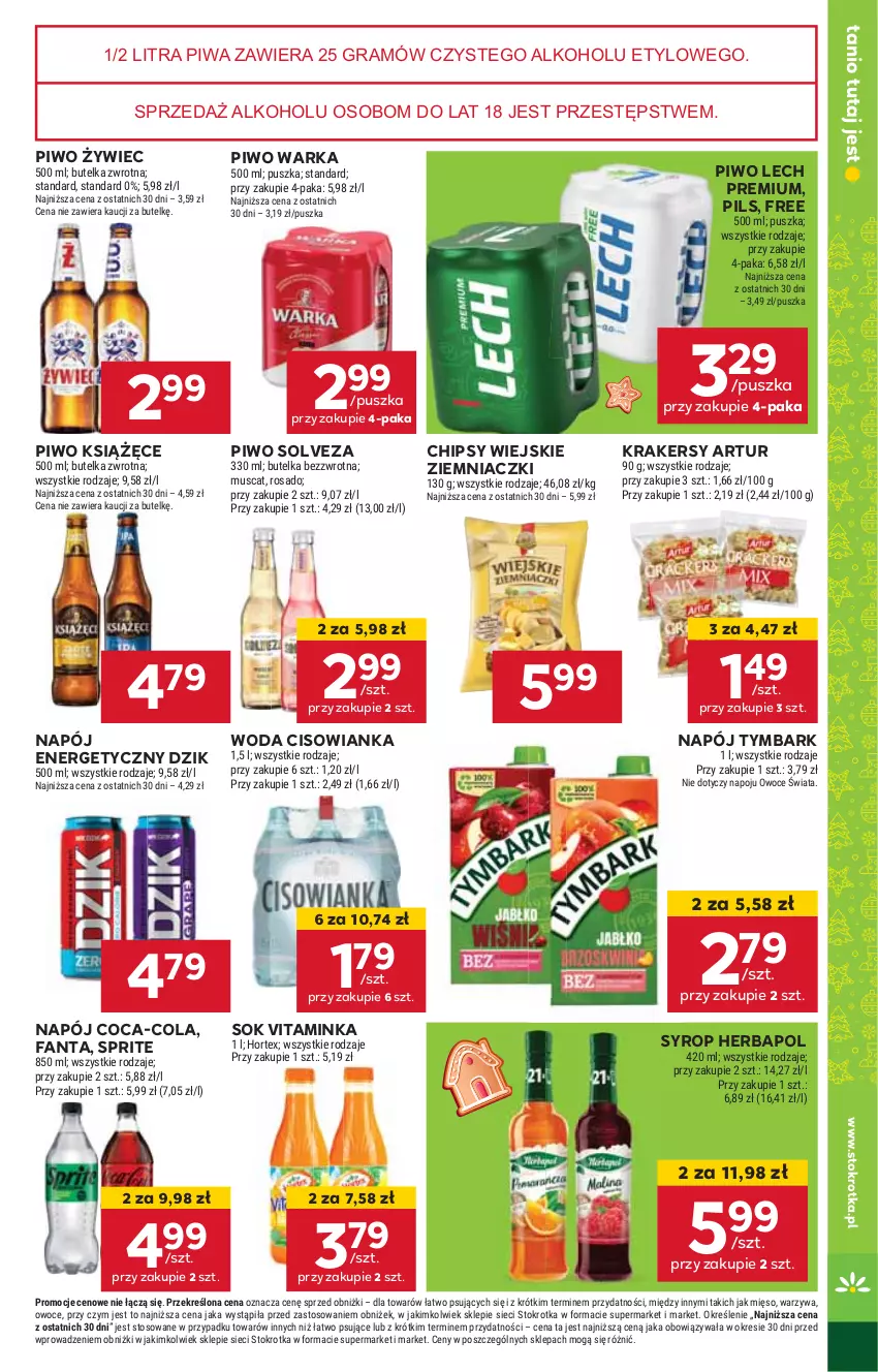 Gazetka promocyjna Stokrotka - Market - ważna 12.12 do 18.12.2024 - strona 21 - produkty: Artur, Chipsy, Cisowianka, Coca-Cola, Fa, Fanta, Gra, Herbapol, HP, Inka, Krakersy, Książęce, Lech Premium, Napój, Napój energetyczny, Piwa, Piwo, Sok, Sprite, Syrop, Tymbark, Warka, Woda