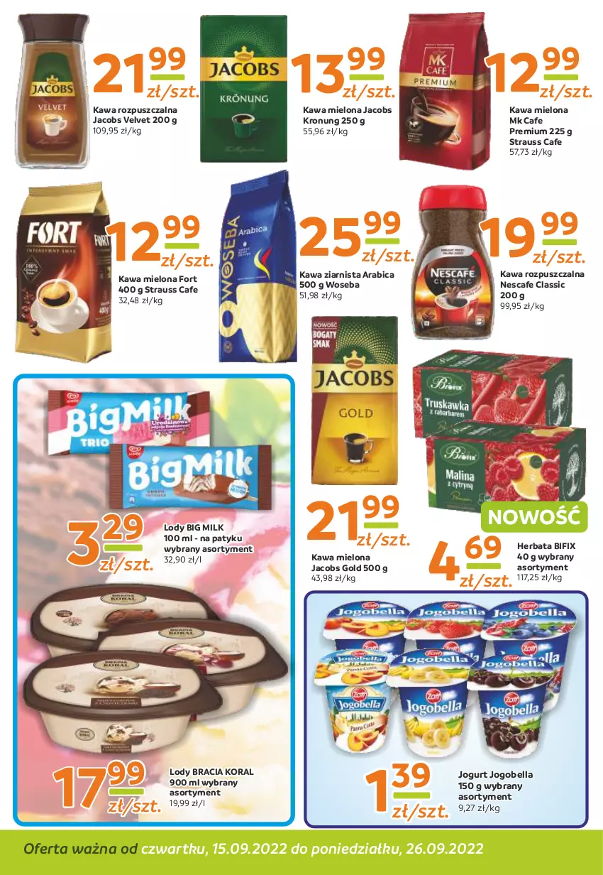 Gazetka promocyjna Gama - Gazetka Gama - ważna 26.09.2022 do 15.09.2023 - strona 6 - produkty: Bell, Bella, BIC, Big Milk, Herbata, Jacobs, Jacobs Velvet, Jogobella, Jogurt, Kawa, Kawa mielona, Kawa rozpuszczalna, Kawa ziarnista, Lody, Velvet, Woseba