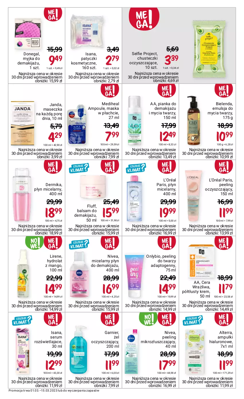 Gazetka promocyjna Rossmann - 1 marca - ważna 01.03 do 15.03.2023 - strona 5 - produkty: Alterra, Bielenda, Chusteczki, Dermika, Emulsja, Emulsja do mycia, Garnier, Hydrolat, Isana, L’Oréal, Lirene, Makijaż, Mango, Maska, Maska w płachcie, Nivea, Patyczki kosmetyczne, Peeling, Płyn micelarny, Por, Rum, Ser, Serum