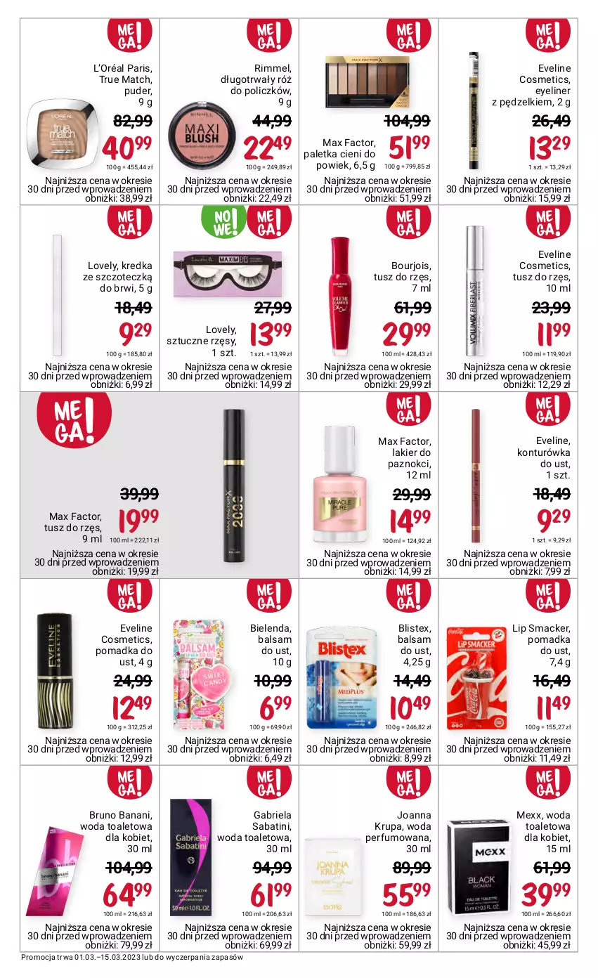 Gazetka promocyjna Rossmann - 1 marca - ważna 01.03 do 15.03.2023 - strona 7 - produkty: Balsam do ust, Bielenda, Bourjois, Brie, Bruno Banani, Eveline, Fa, Gabriela Sabatini, Joanna, Joanna Krupa, Konturówka do ust, Kredka, L’Oréal, Lakier, Lakier do paznokci, Lovely, Max Factor, Mexx, Paletka cieni, Perfum, Puder, Róż do policzków, Sztuczne rzęsy, Tusz, Woda, Woda perfumowana, Woda toaletowa