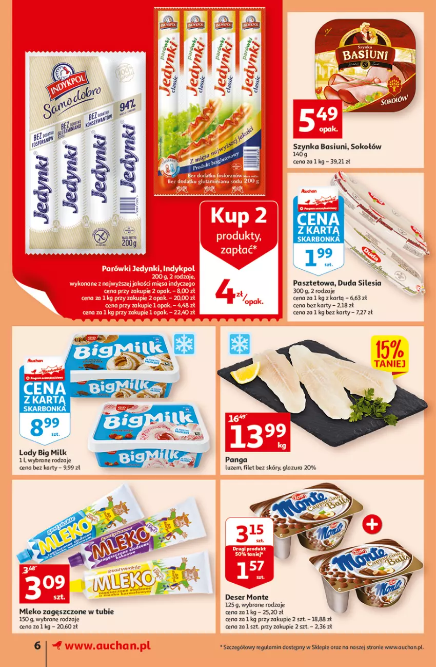 Gazetka promocyjna Auchan - przeNISKIE CENY z Markami Auchan Supermarkety - ważna 09.06 do 15.06.2022 - strona 6 - produkty: Big Milk, Deser, Duda, Glazura, Lazur, Lody, Mleko, Mleko zagęszczone, Monte, Panga, Pasztet, Ser, Sok, Sokołów, Szynka