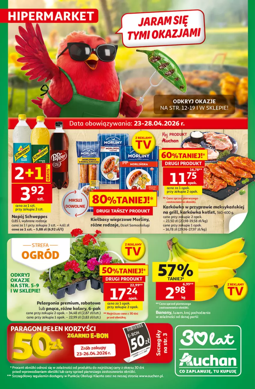Gazetka promocyjna Auchan - Gazetka 30 Lat Hipermarket Auchan - ważna 23.04 do 28.04.2026 - strona 1 - produkty: Grill, Kotlet, Morliny, Napój, Schweppes