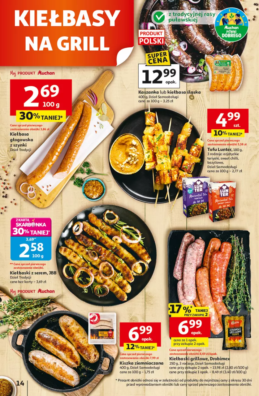 Gazetka promocyjna Auchan - Gazetka 30 Lat Hipermarket Auchan - ważna 23.04 do 28.04.2026 - strona 14 - produkty: Bazyl, Grill, Kiełbasa, Kiełbasa głogowska, Kiełbasa śląska, Ser, Tofu