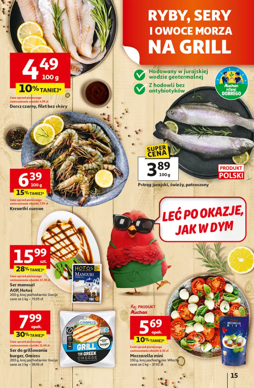 Gazetka promocyjna Auchan - Gazetka 30 Lat Hipermarket Auchan - ważna 23.04 do 28.04.2026 - strona 15 - produkty: Burger, Dorsz, Krewetki, Mozzarella, Pstrąg, Ser