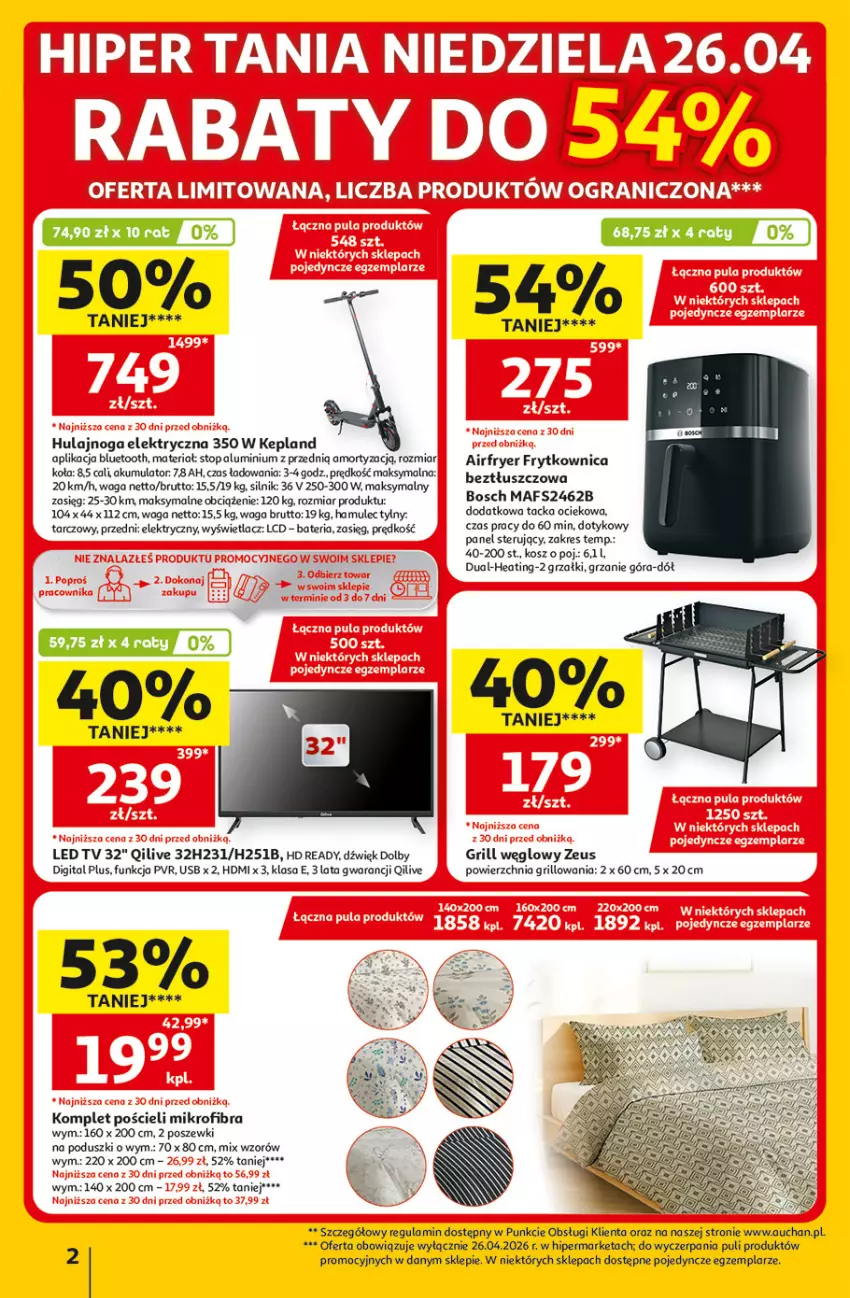 Gazetka promocyjna Auchan - Gazetka 30 Lat Hipermarket Auchan - ważna 23.04 do 28.04.2026 - strona 2 - produkty: Akumulator, Bateria, Bosch, Grill, HD ready, Hulajnoga, Hulajnoga elektryczna, Komplet pościeli, Kosz, LED TV, Mule, Pościel, Top, Waga