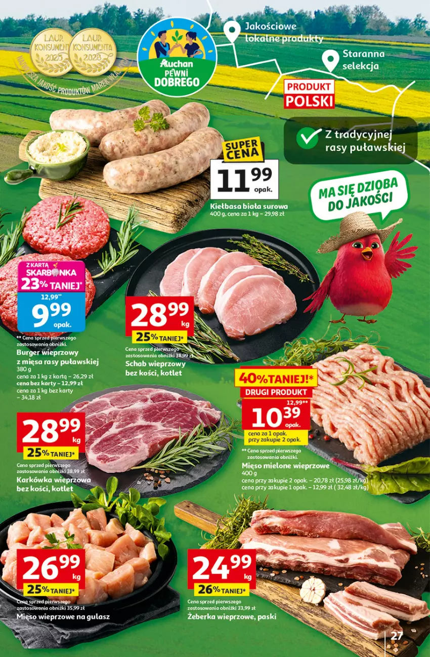 Gazetka promocyjna Auchan - Gazetka 30 Lat Hipermarket Auchan - ważna 23.04 do 28.04.2026 - strona 27 - produkty: Burger, Kiełbasa, Kiełbasa biała, Kotlet, Laur, Mięso, Mięso mielone