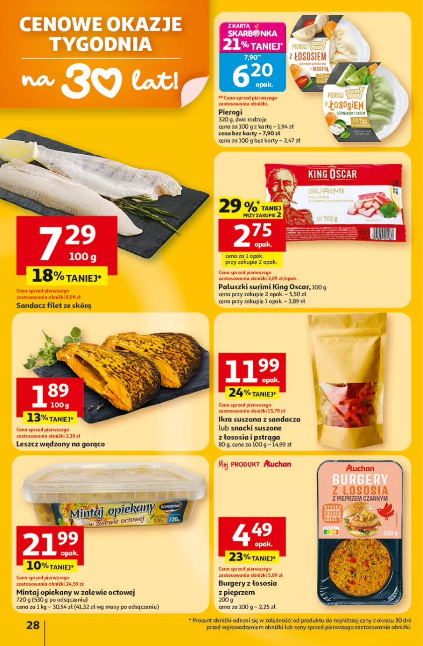 Gazetka promocyjna Auchan - Gazetka 30 Lat Hipermarket Auchan - ważna 23.04 do 28.04.2026 - strona 28 - produkty: Burger, Mintaj, Pieprz, Pierogi, Pstrąg, Sandacz, Sandacz filet, Sos, Surimi