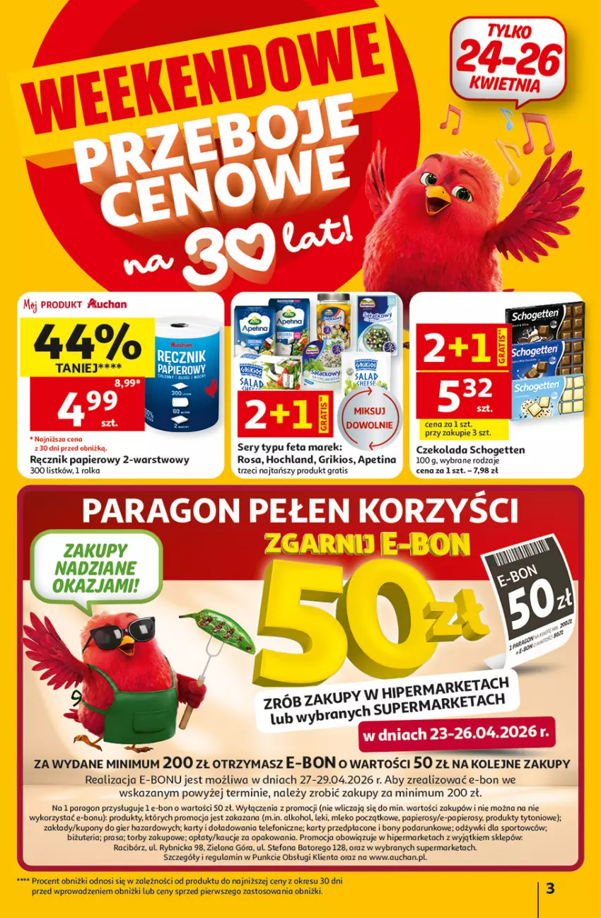 Gazetka promocyjna Auchan - Gazetka 30 Lat Hipermarket Auchan - ważna 23.04 do 28.04.2026 - strona 3 - produkty: Czekolada, Fa, Feta, Gra, Hochland, Mleko, Olej, Papier, Por, Ręcznik, Schogetten, Ser, Sport, Telefon