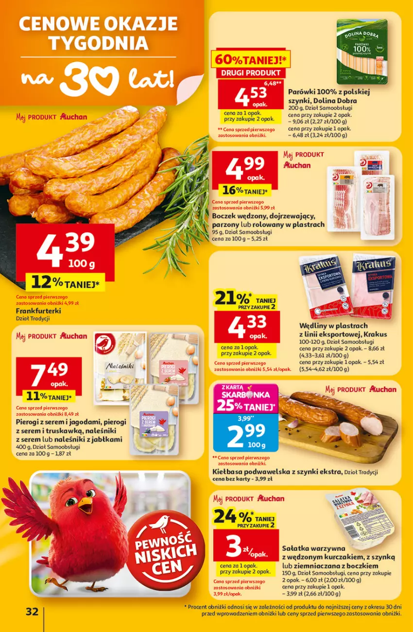 Gazetka promocyjna Auchan - Gazetka 30 Lat Hipermarket Auchan - ważna 23.04 do 28.04.2026 - strona 32 - produkty: Boczek, Frankfurterki, Jabłka, Kiełbasa, Kiełbasa podwawelska, Krakus, Kurczak, Naleśniki, Parówki, Pierogi, Por, Sałat, Sałatka, Sałatka warzywna, Ser, Sport, Wawel