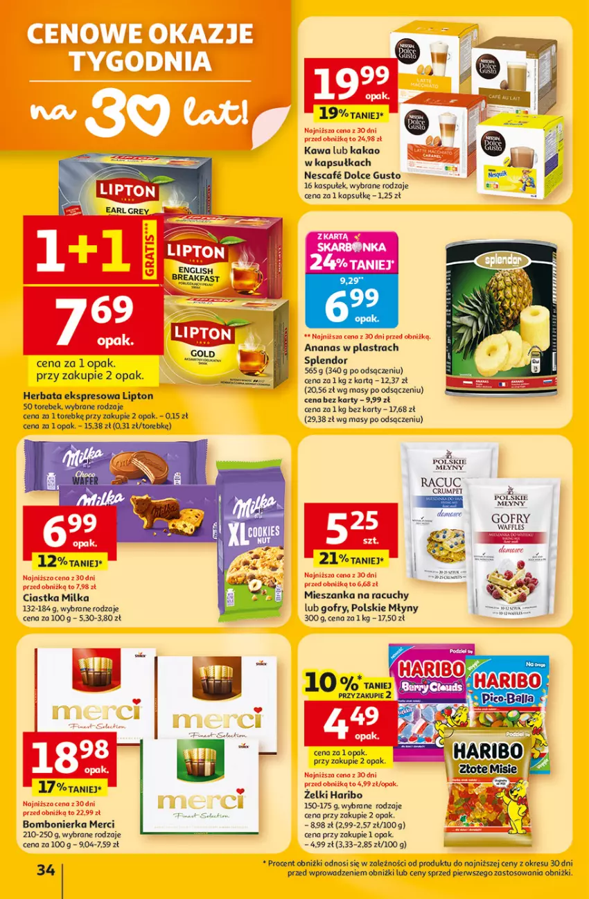 Gazetka promocyjna Auchan - Gazetka 30 Lat Hipermarket Auchan - ważna 23.04 do 28.04.2026 - strona 34 - produkty: Aksam, Ananas, Ananas w plastrach, Ciastka, Dolce Gusto, Gofry, Haribo, Herbata, Kakao, Kawa, Lipton, Merci, Milka, Polskie Młyny, Rum
