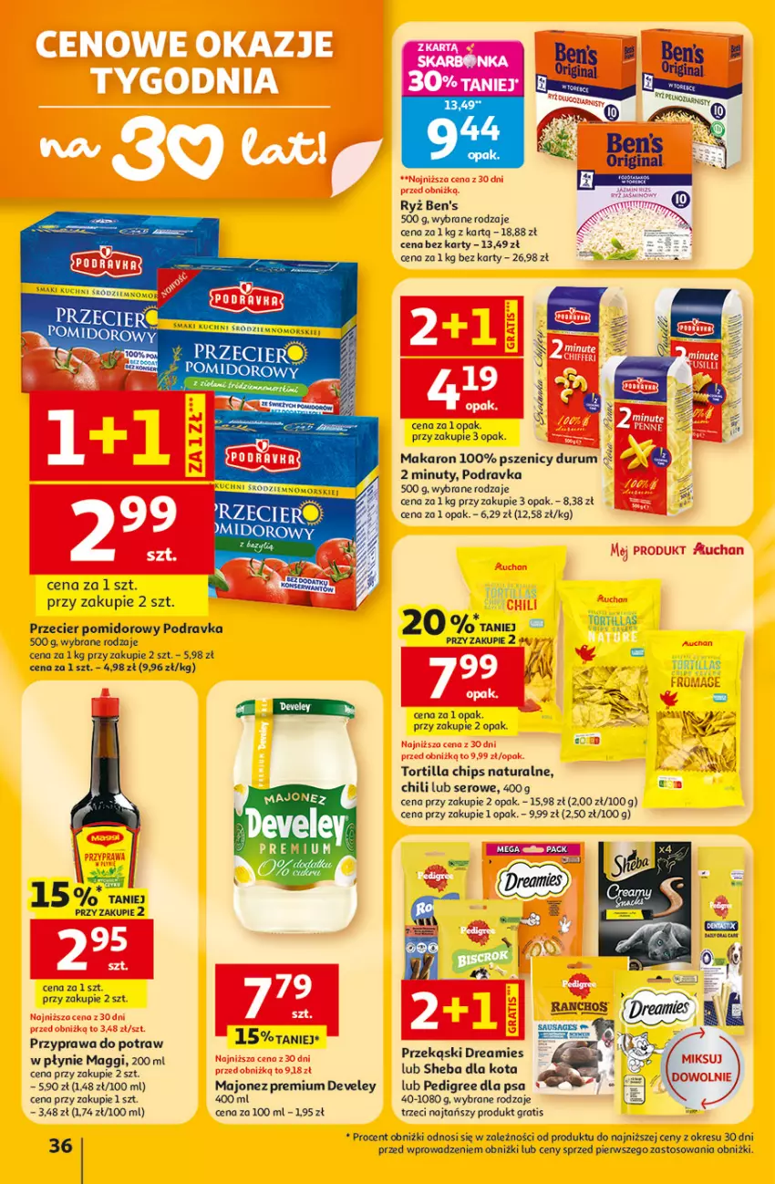 Gazetka promocyjna Auchan - Gazetka 30 Lat Hipermarket Auchan - ważna 23.04 do 28.04.2026 - strona 36 - produkty: Gra, Maggi, Majonez, Makaron, Nuty, Pedigree, Podravka, Przyprawa do potraw, Rum, Ryż, Ser, Sheba, Tortilla, Tortilla Chips